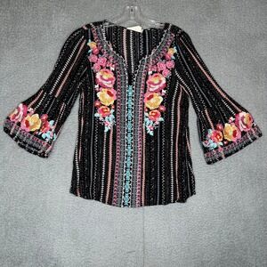 Savanna Jane Embroidered Bell Sleeve V Neck Tunic Top Black Floral Print Size S